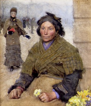 George Clausen Painting - Flora The Gypsy Flower Seller modern peasants impressionist Sir George Clausen